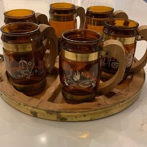 Six Vintage Siesta Ware Barrel Mugs With Tray Festive Cowboy Ranch Camping